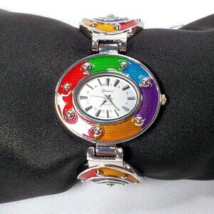 Geneva Platinum Womens 24 hr Rainbow Enamel Stainless Steel Watch Clamper Works